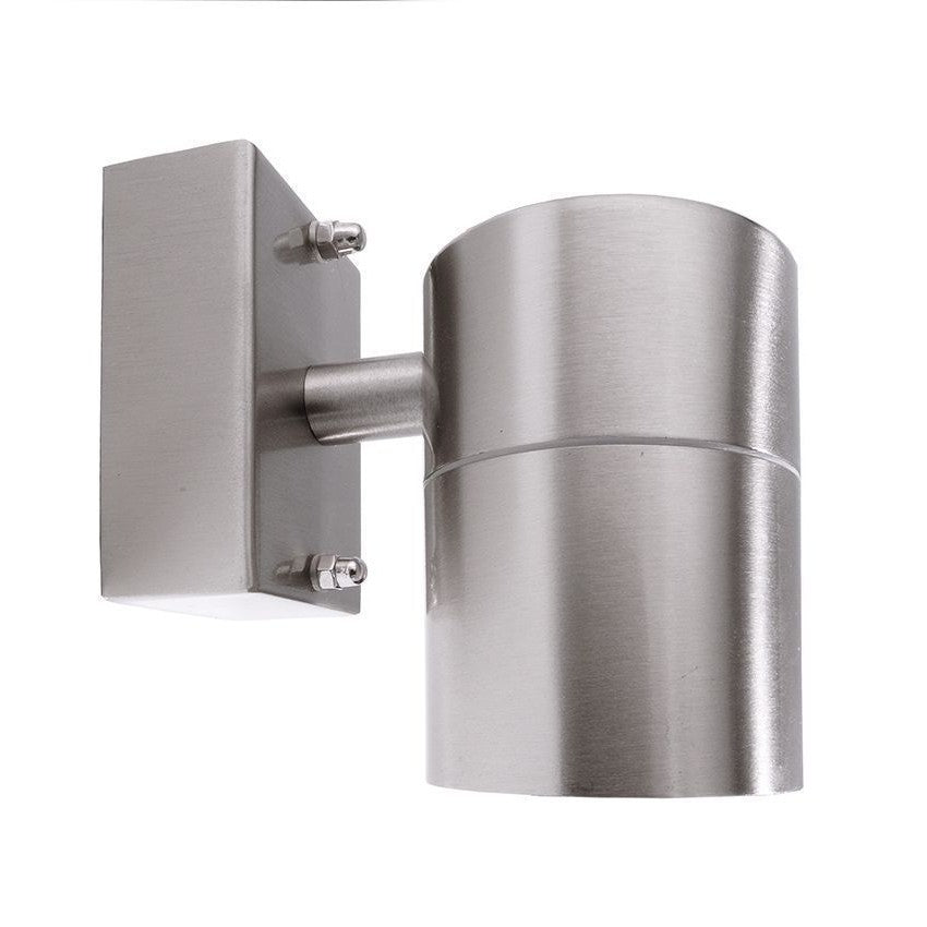 Applique murale extérieure en inox brossé avec cylindre et support rectangulaire, vue de côté.