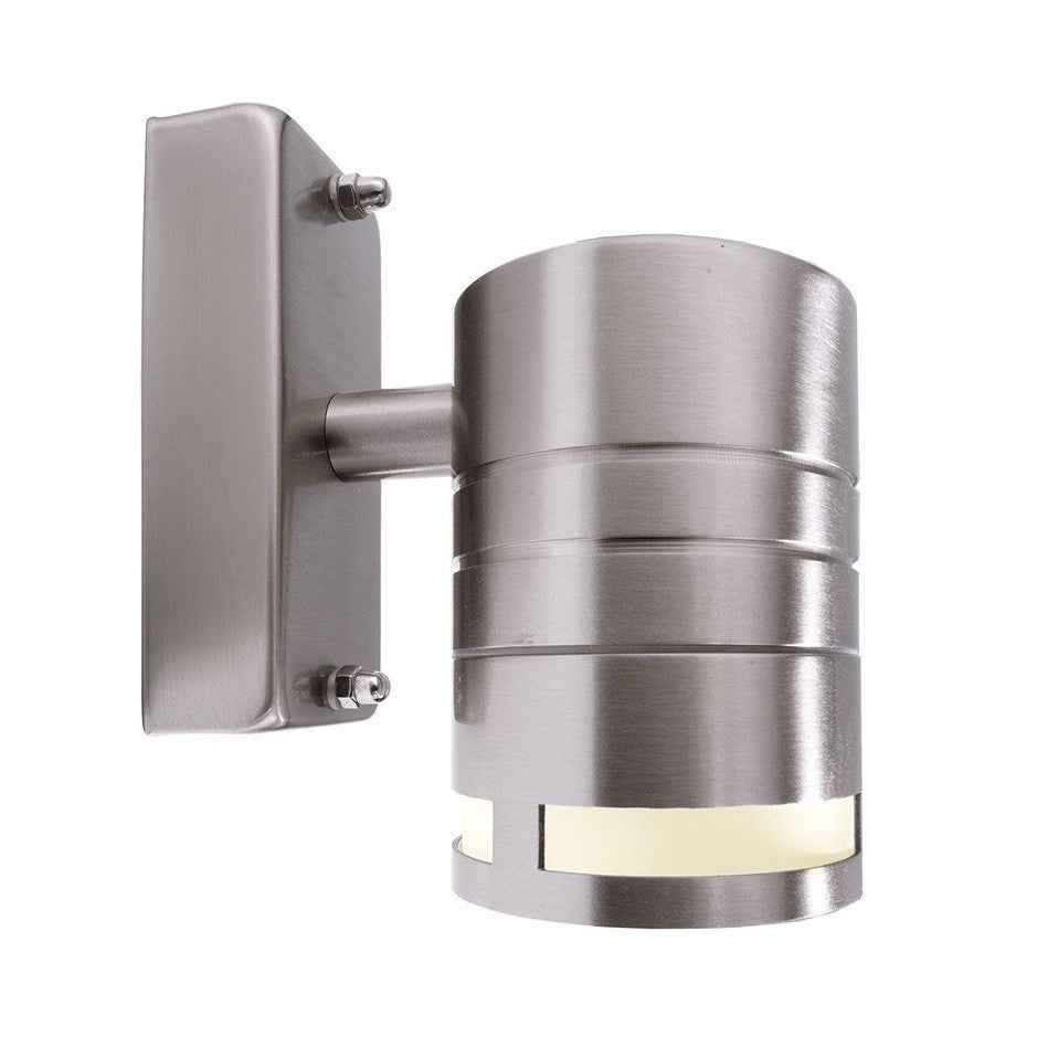 Applique murale en inox brossé, cylindre strié et diffuseur en verre blanc.