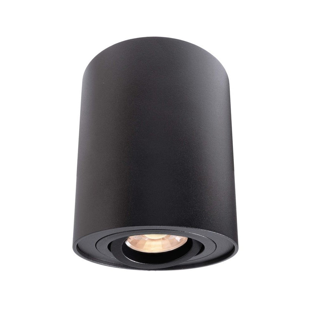 Spot cylindrique noir mat vu de face, lentille orientable visible au centre.