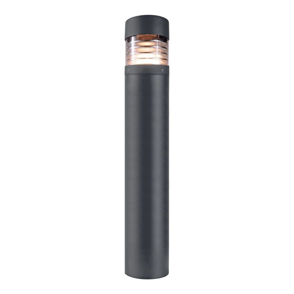 Lampadaire extérieur cylindrique gris foncé avec tête vitrée striée, sur fond blanc.
