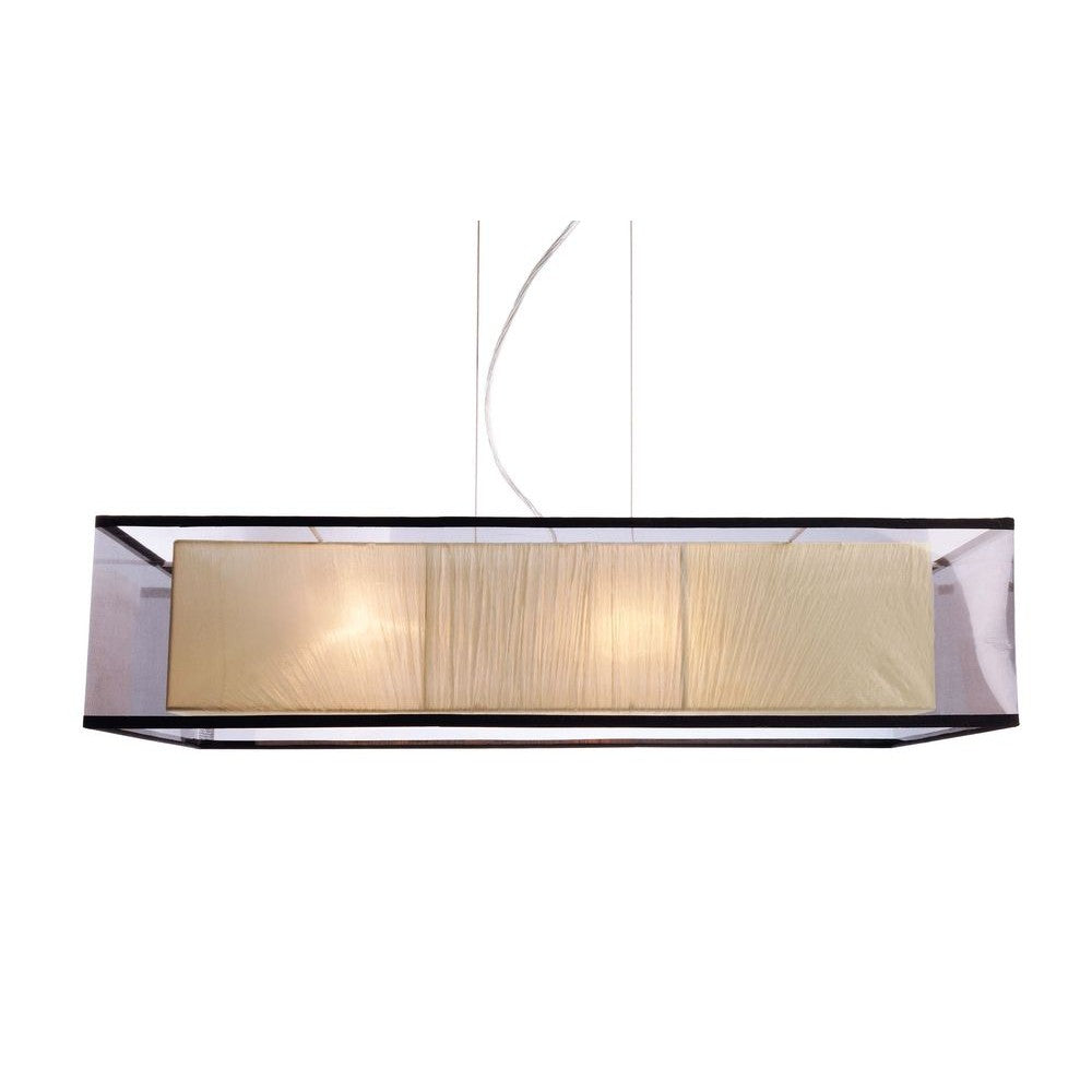 Suspension rectangulaire noire vue de face, diffuseur en tissu éclairé, câbles fins.