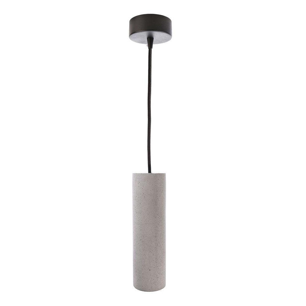 Suspension cylindrique en béton gris avec rosace noire et câble, vue de face.