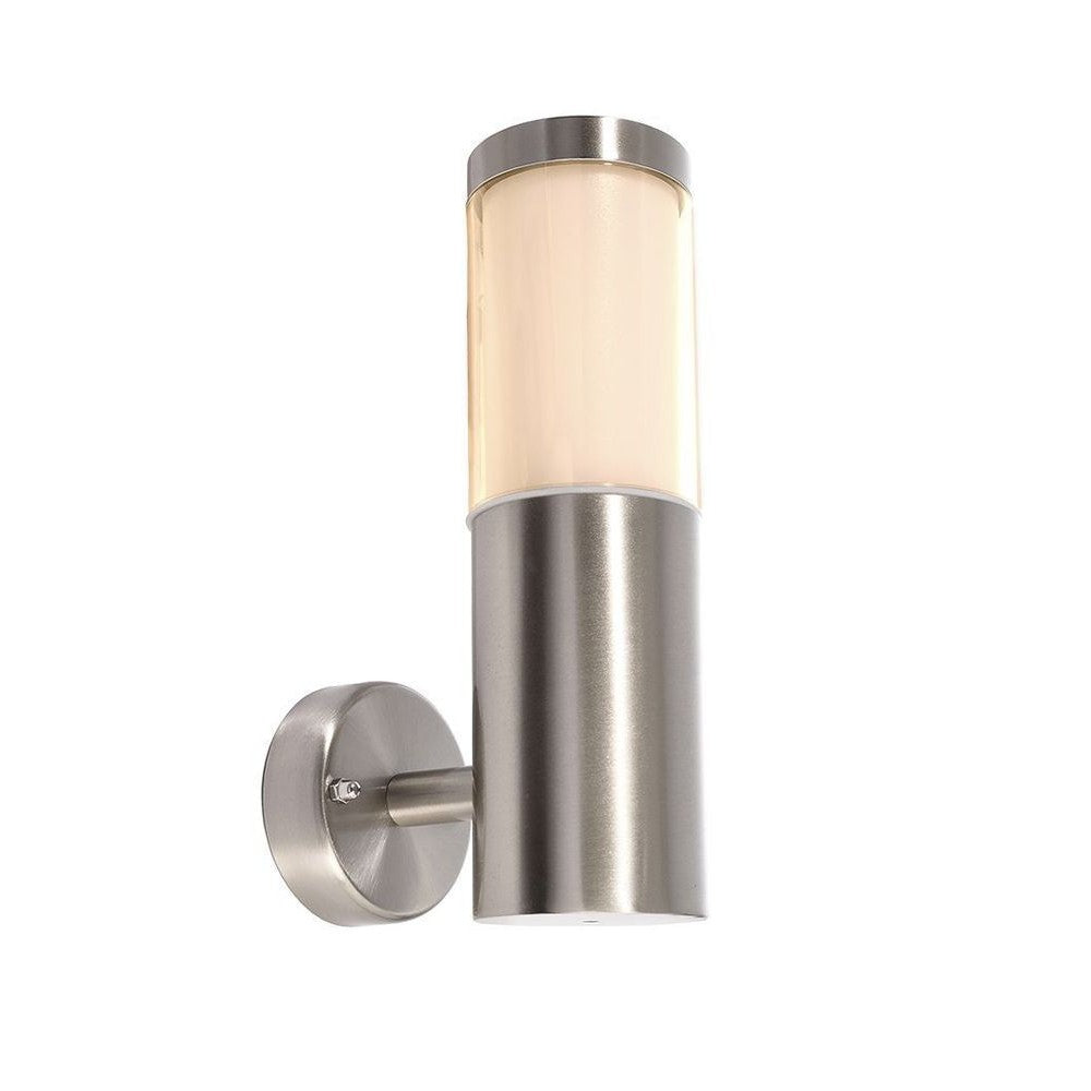 Applique extérieure cylindrique en inox avec diffuseur opale, vue de face sur fond blanc.