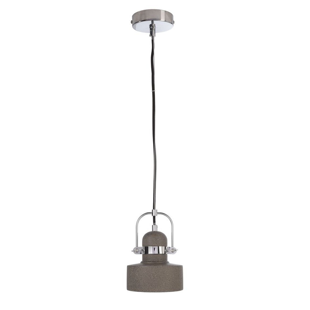 Suspension en béton gris avec câble noir et finitions chromées, vue de face sur fond blanc.