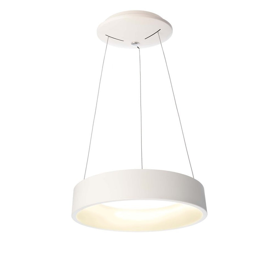 Suspension ronde blanche vue de face, abat-jour allumé en lumière chaude