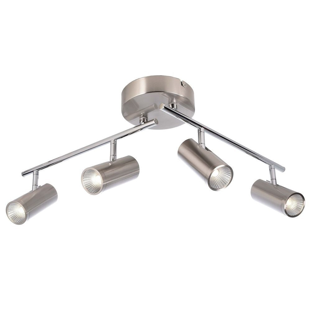Plafonnier quatre spots cylindriques orientables sur bras croisés, vue de face sur fond blanc.