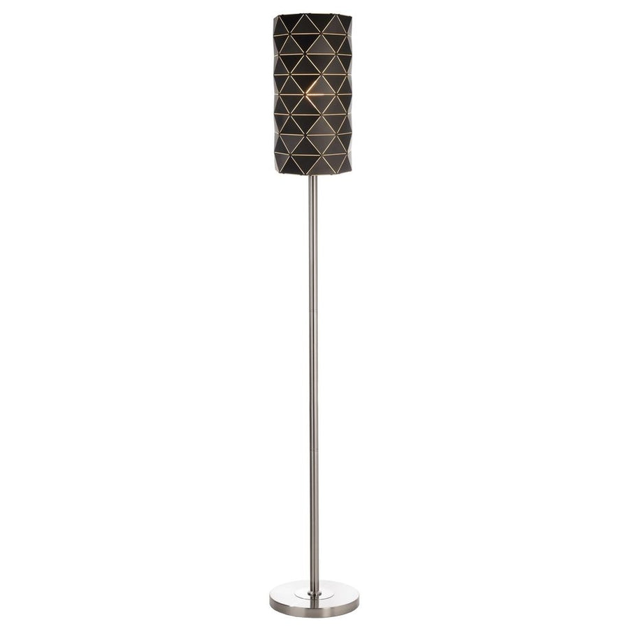 Lampadaire noir sur pied chromé, abat-jour cylindrique à facettes triangulaires, vu de face.