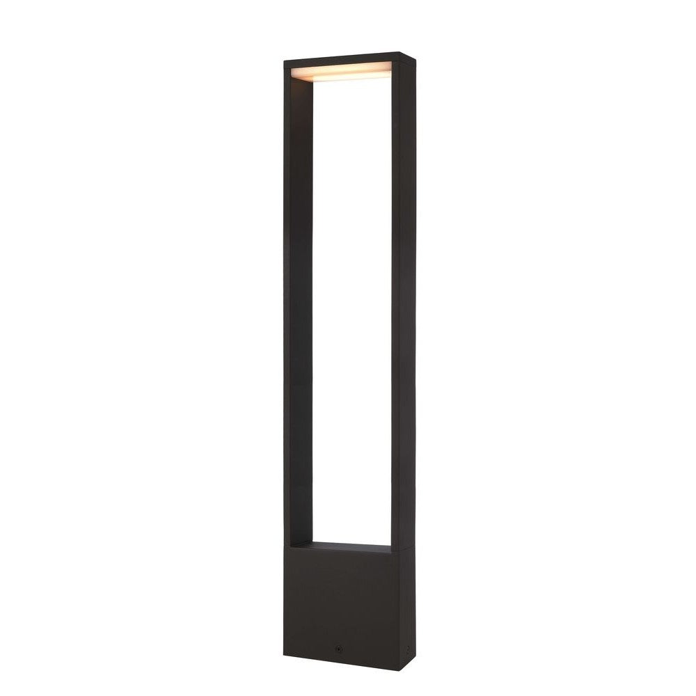 Lampadaire extérieur anthracite à structure rectangulaire ajourée, éclairage LED intégré en partie haute.