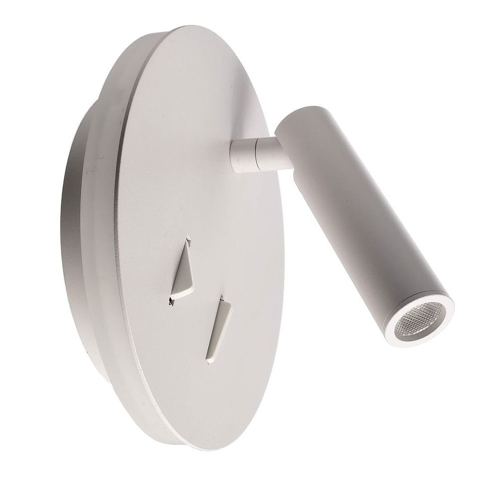 Vue en perspective de l’applique ronde, son spot cylindrique orientable et l’interrupteur.
