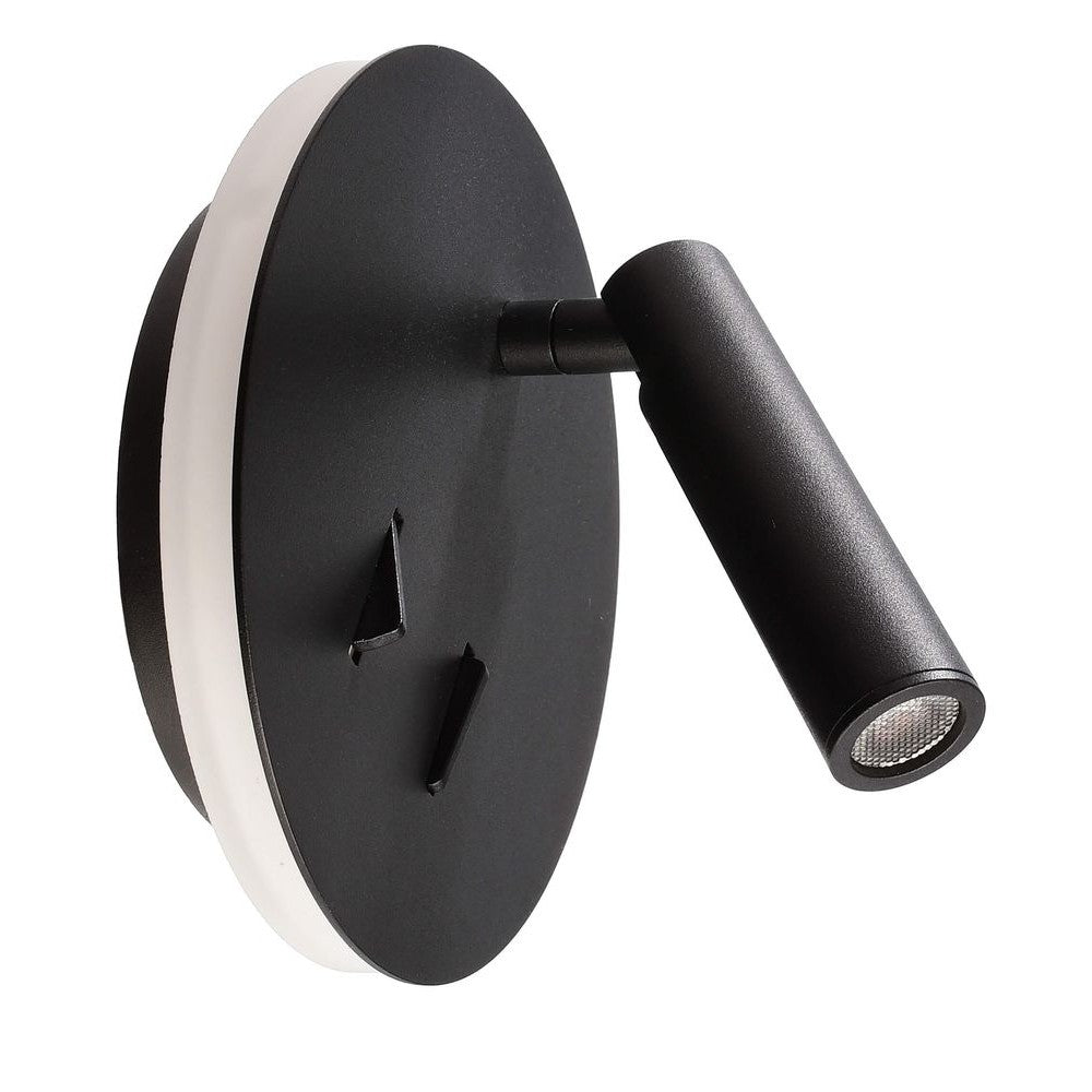 Vue de trois quarts de l'applique murale noire avec bras cylindrique orientable.