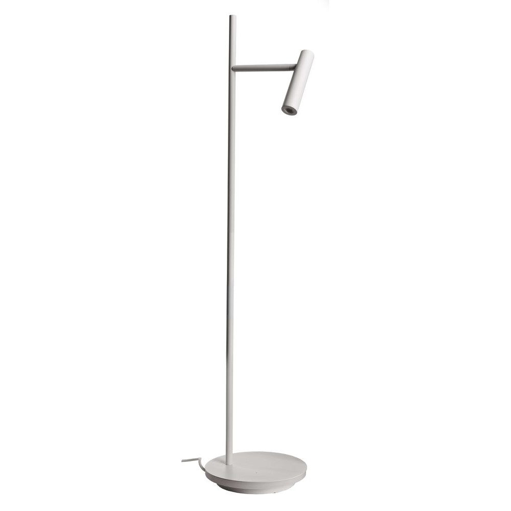 Lampadaire blanc fin sur base ronde, bras horizontal et tête cylindrique orientable.