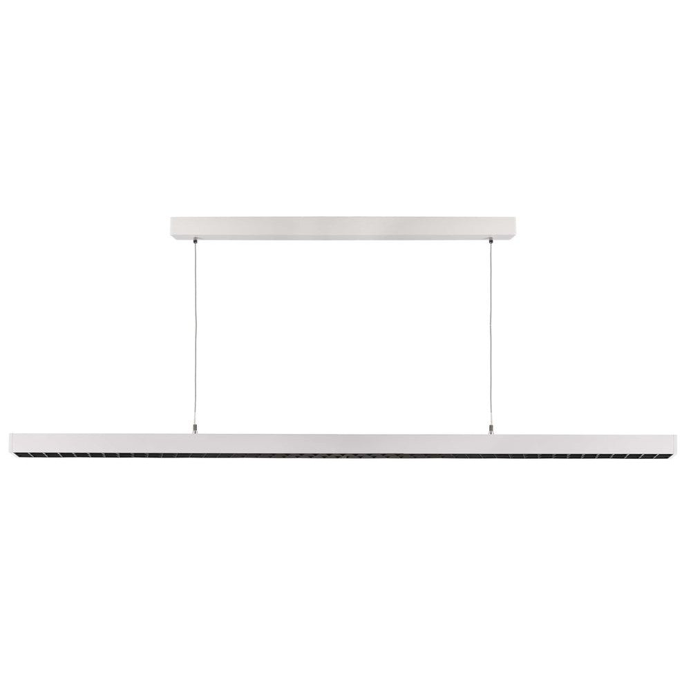 Vue de face du luminaire suspendu, barre blanche et deux câbles fins.