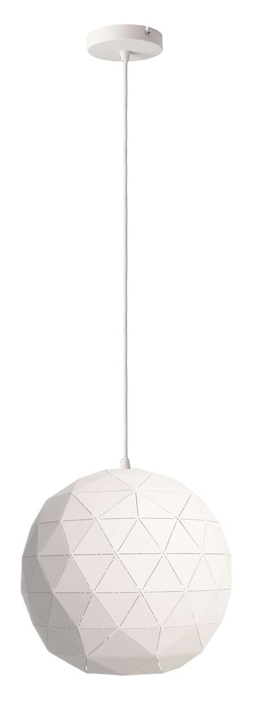 Vue légèrement décalée de la suspension blanche montrant la sphère facettée et le câble.