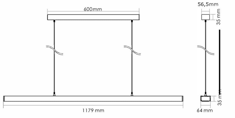 Schéma de dimensions avec largeur, hauteur et longueur du luminaire.