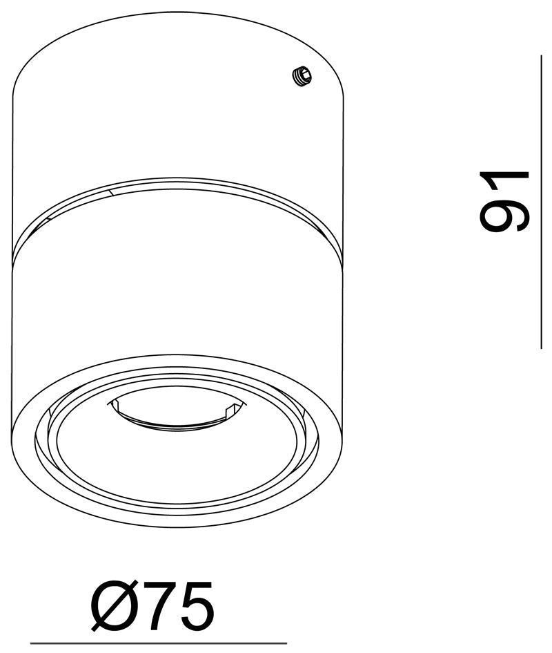Schéma de dimensions du spot blanc : hauteur 91 mm et diamètre 75 mm