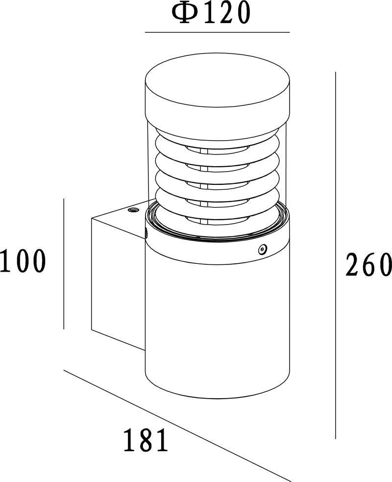 Schéma technique coté du luminaire : diamètre 120, hauteur 260 et profondeur 181 mm