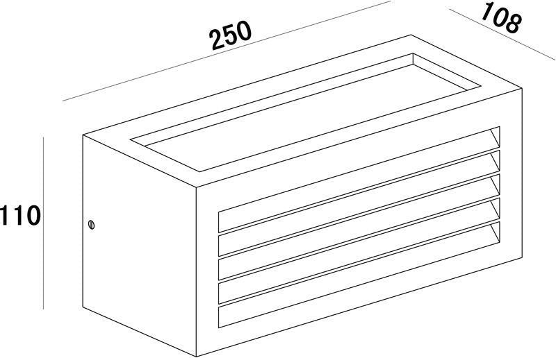 Schéma technique coté de l’applique avec dimensions 250, 108 et 110 mm.
