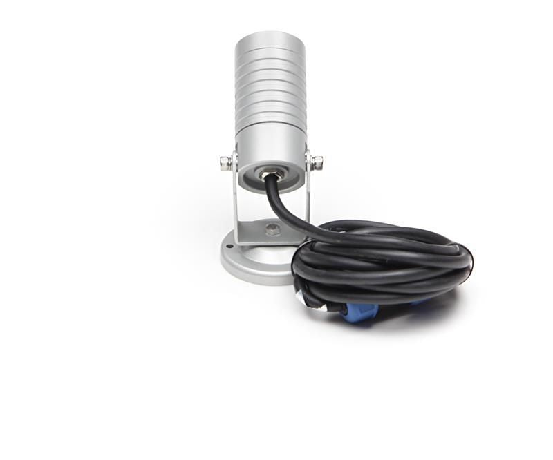 Arrière du luminaire argenté, passage de câble noir et support orientable sur embase ronde.