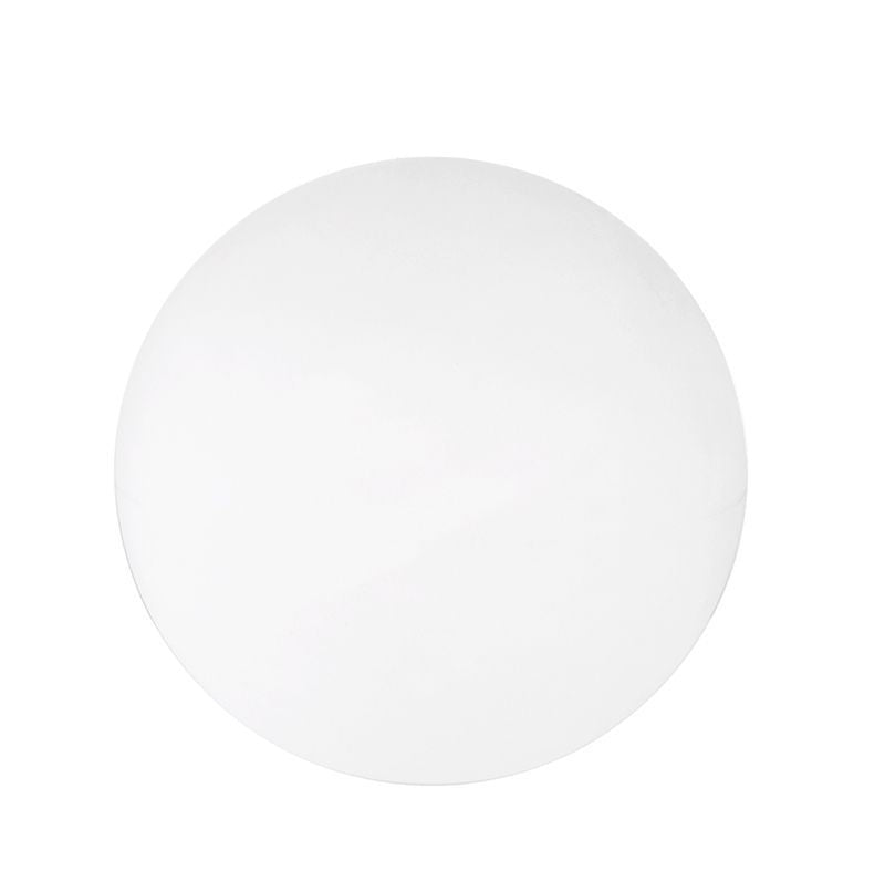 Sphère blanche éteinte vue de face sur fond neutre, montrant sa surface lisse.