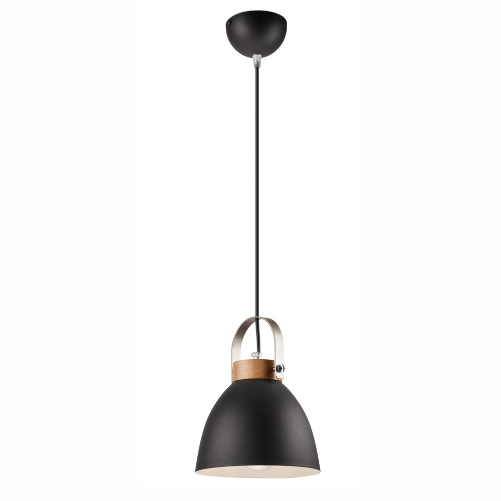 Suspension complète vue de face avec cloche anthracite, bandeau bois et câble noir.
