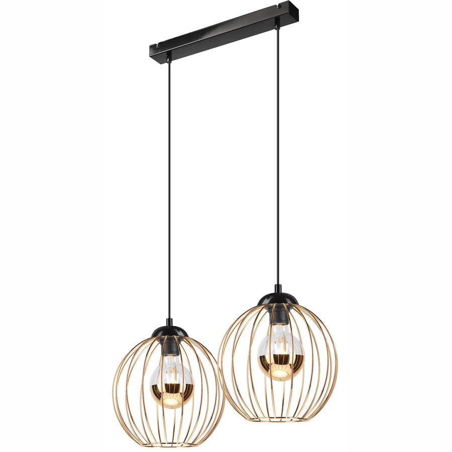 Suspension deux lumières dorées avec barre noire et cages sphériques