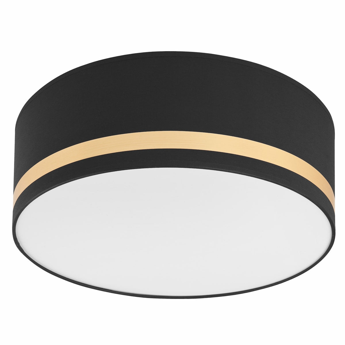 Vue de face du plafonnier rond noir avec bande dorée et diffuseur blanc.