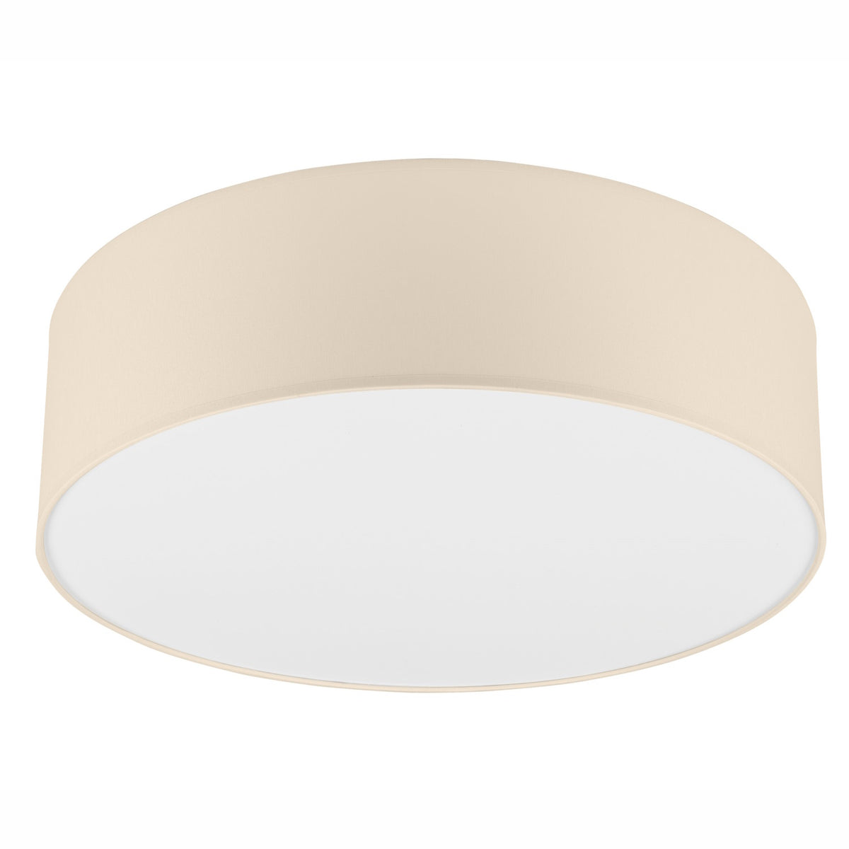 Plafonnier rond beige vu de face sur fond blanc, diffuseur opale.