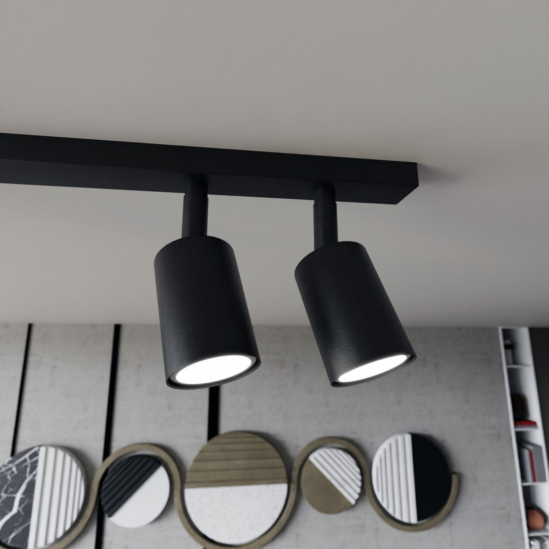Détail de deux têtes cylindriques noires et de leur embase rectangulaire fixée au plafond.