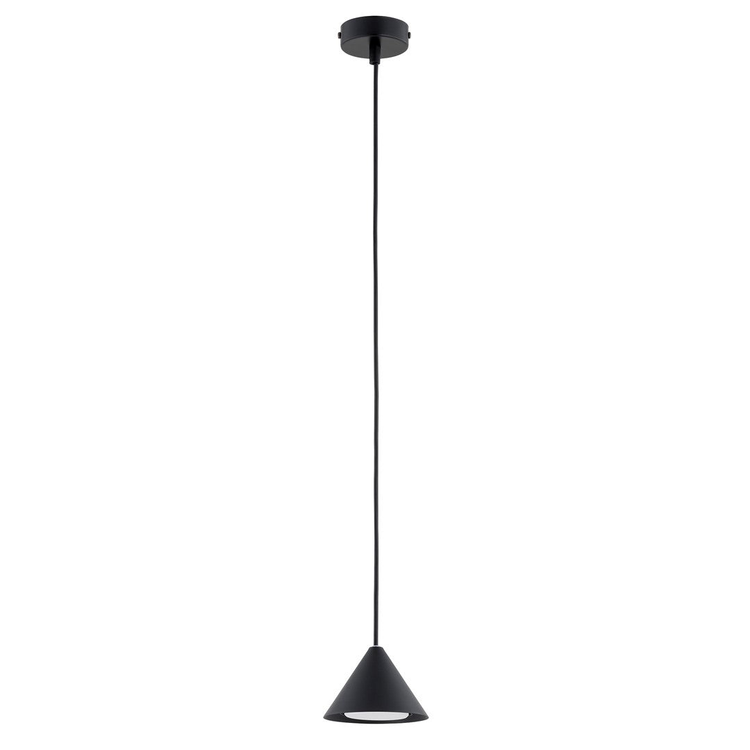 Second plan du même luminaire, mettant en évidence la rosace noire et le câble.
