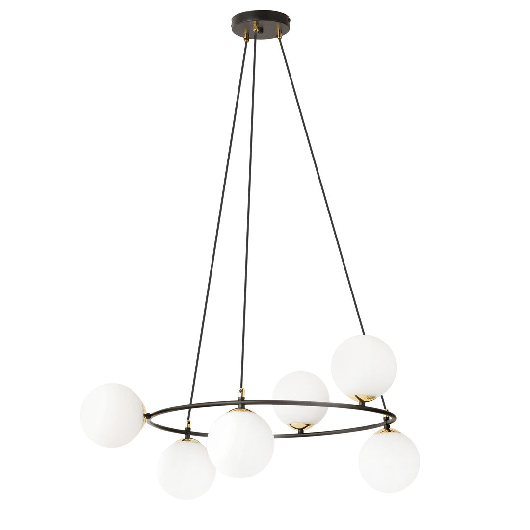 Suspension six globes opale sur anneau noir, vue de face sur fond blanc