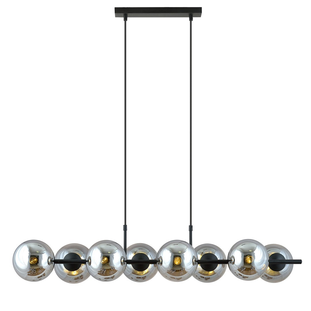 Suspension linéaire noire à huit globes en verre fumé, vue de face sur fond blanc.