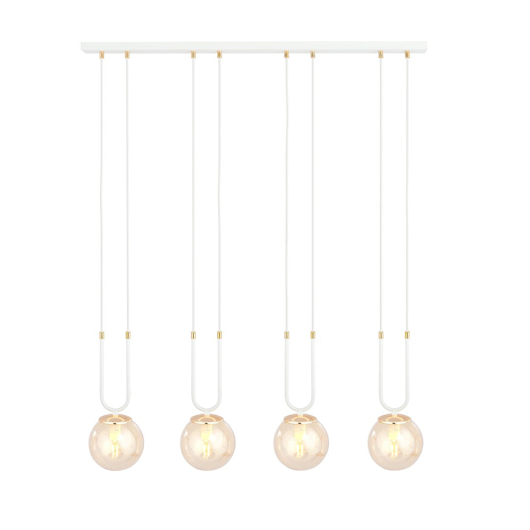 Suspension quatre globes en verre doré et câbles blancs, vue de face sur fond blanc.