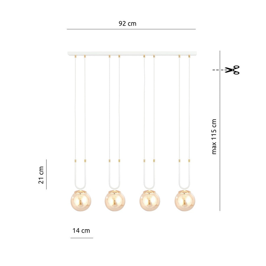 Schéma de dimensions du luminaire : largeur 92 cm, hauteur maximale 115 cm.