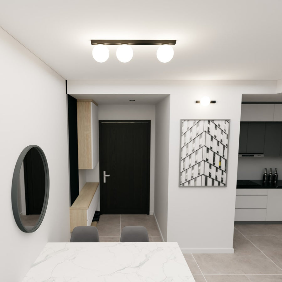 Plafonnier trois globes éclairant une entrée avec miroir et porte noire