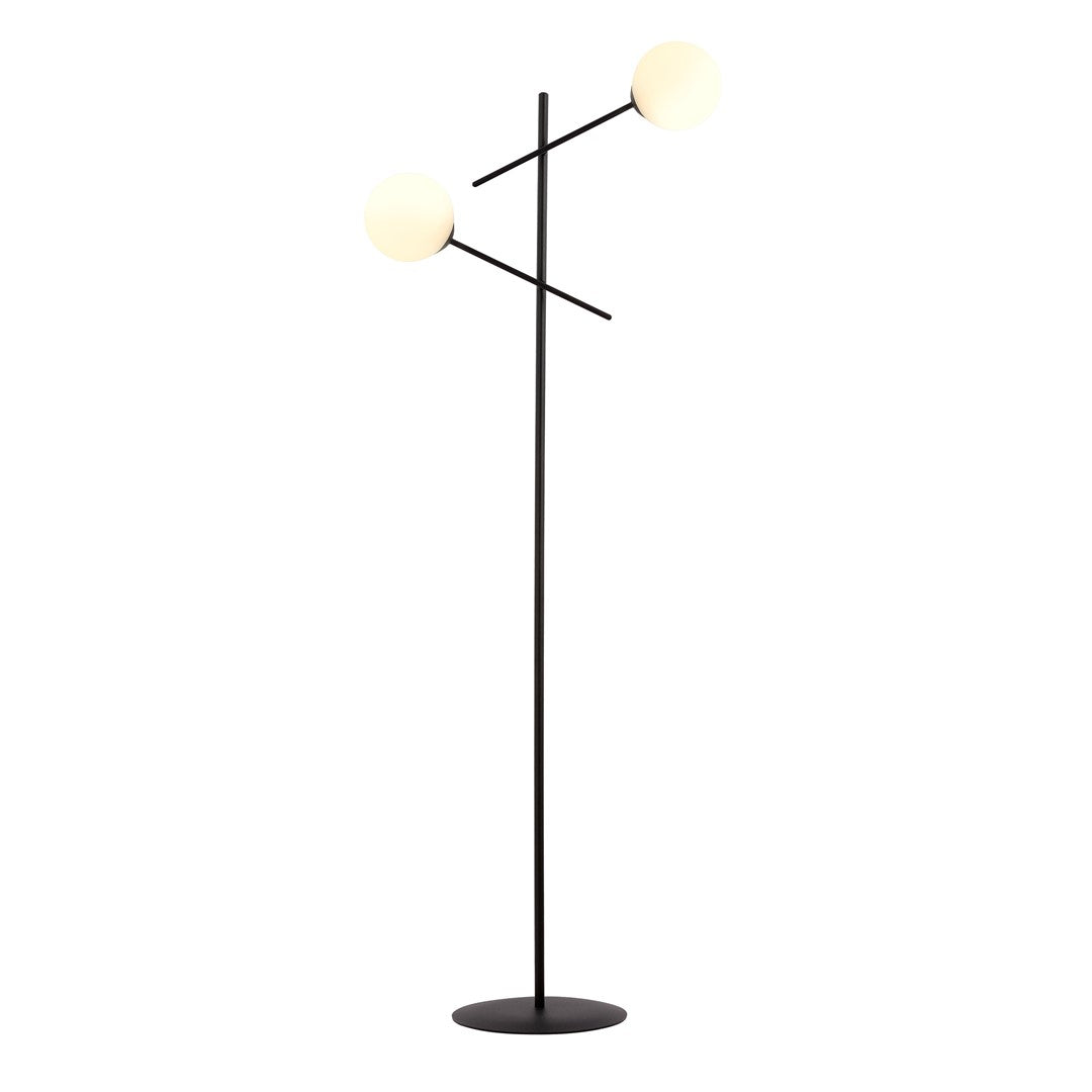 Lampadaire noir à deux globes opale allumés, vu de face sur fond blanc.