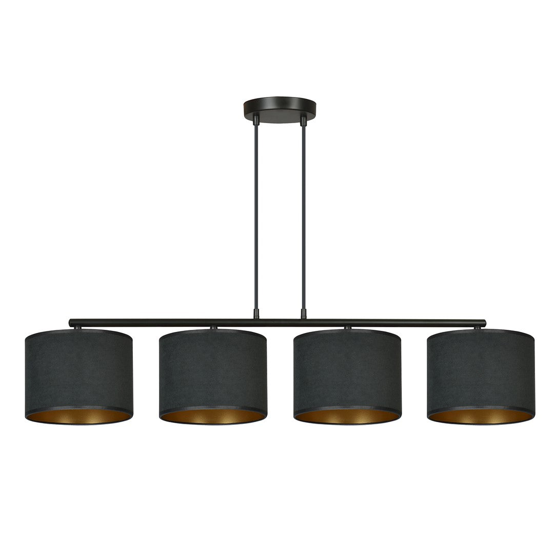 Suspension noire à quatre abat-jours cylindriques en velours, vue de face