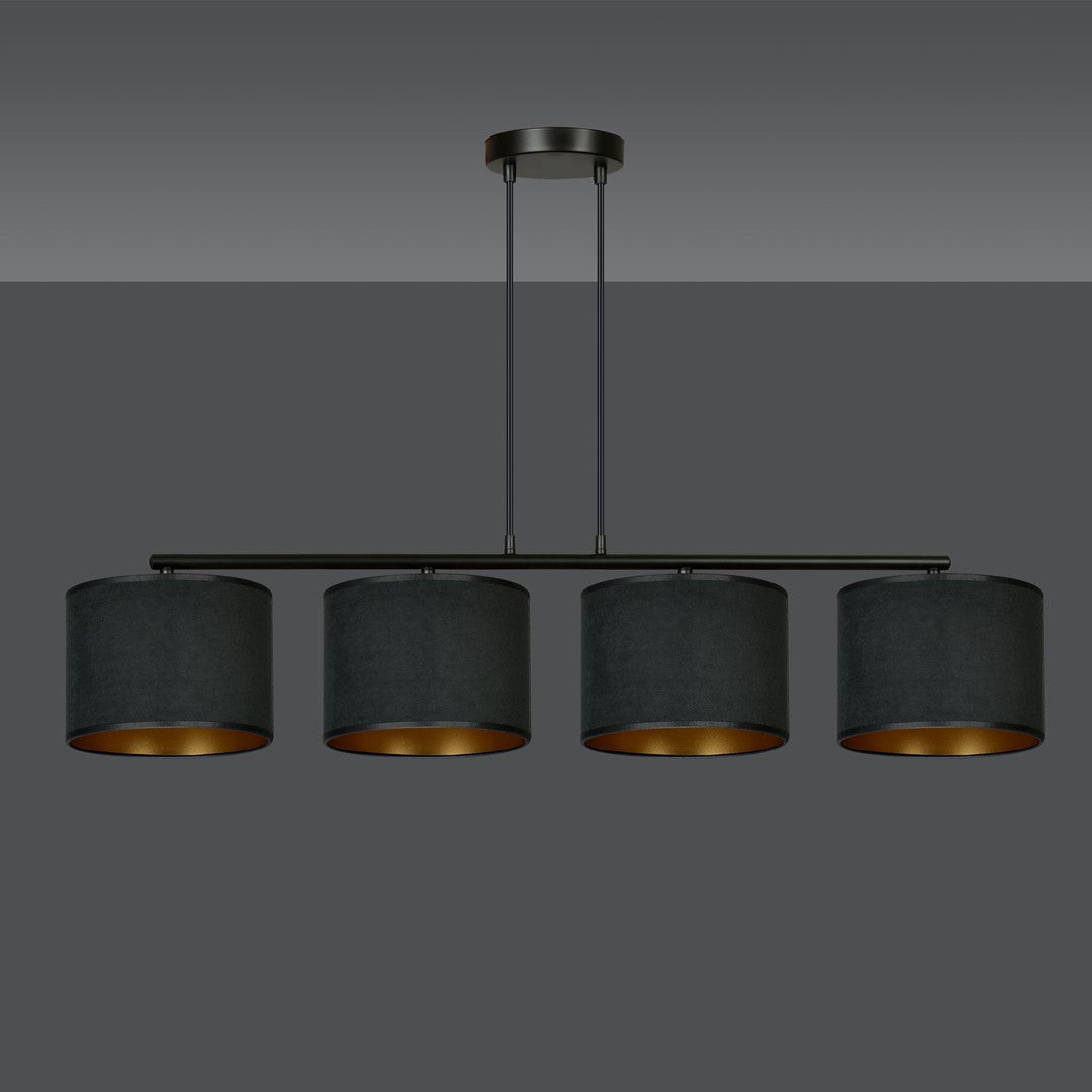 Vue du luminaire sur fond gris anthracite, quatre cylindres suspendus