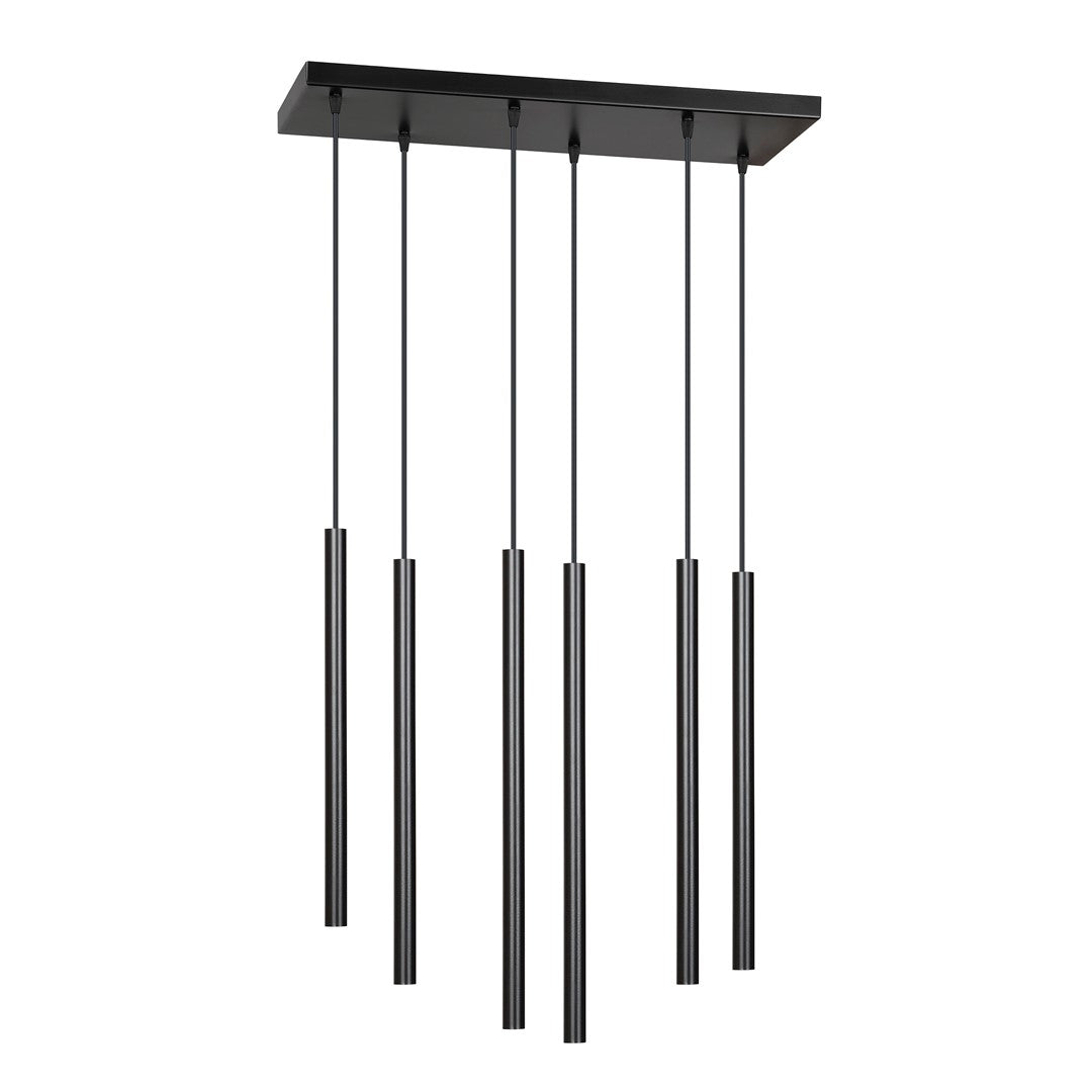 Suspension noire à six cylindres verticaux fixés sous un support rectangulaire, sur fond blanc.