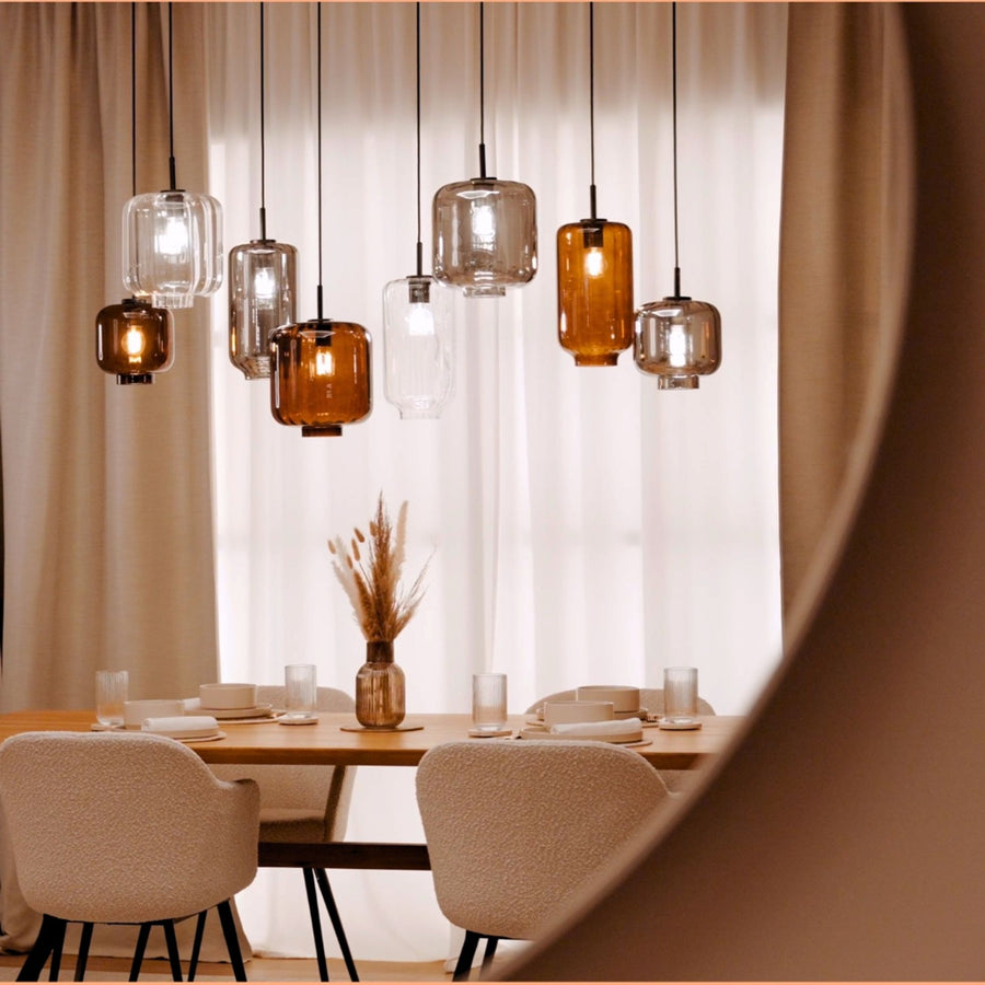 Suspension de table Velo 5 lumières sur 2 rangées, longueur 160 cm, verres Ø 18, 20 et 25 cm
