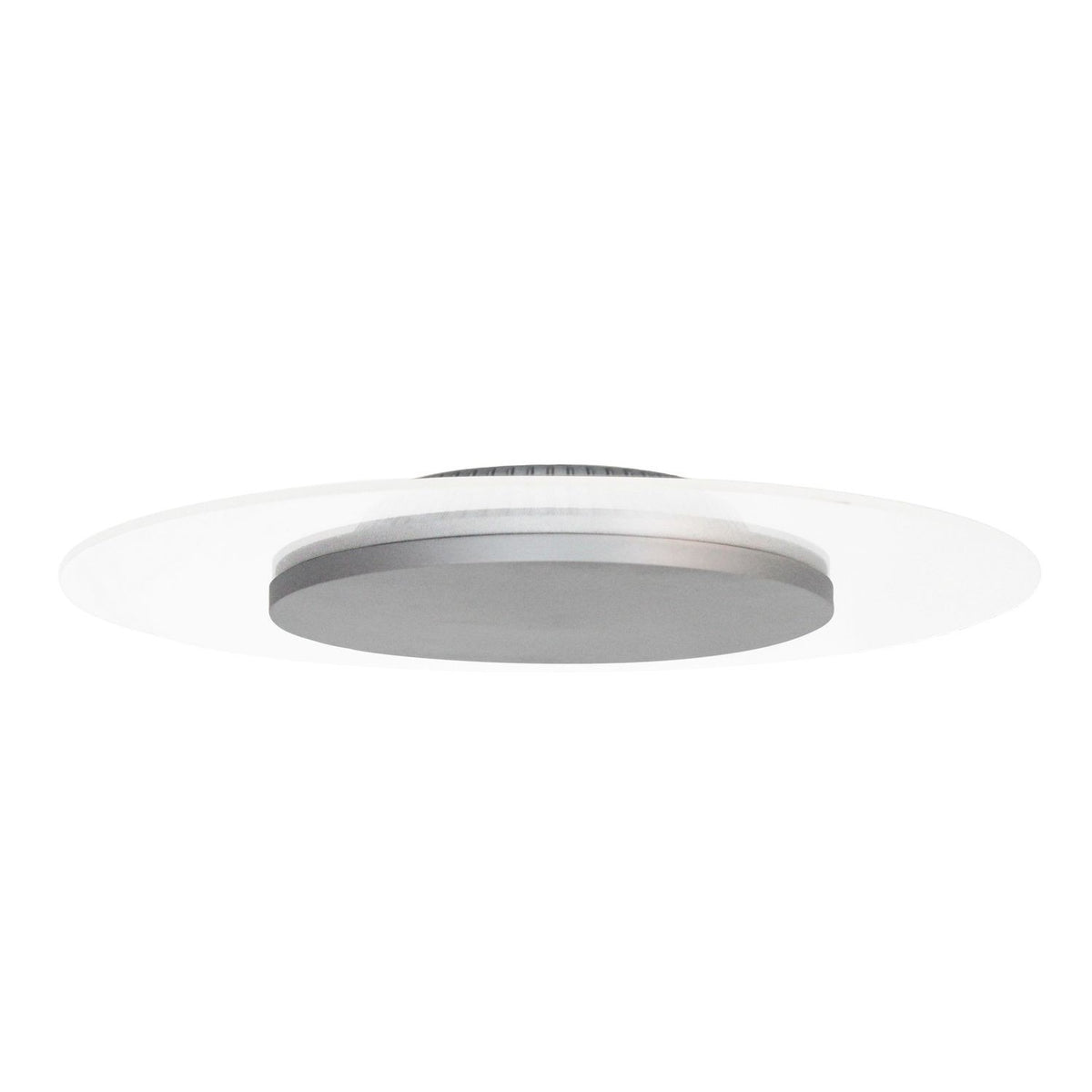 Plafonnier rond argenté vu de profil, avec large diffuseur blanc et centre métallique gris.