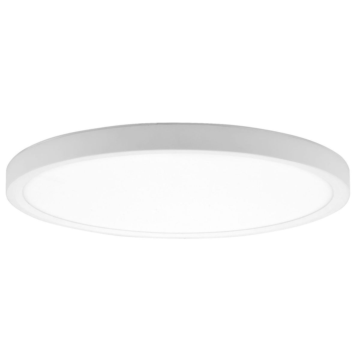 Luminaire rond blanc vu de face sur fond blanc, légèrement incliné.
