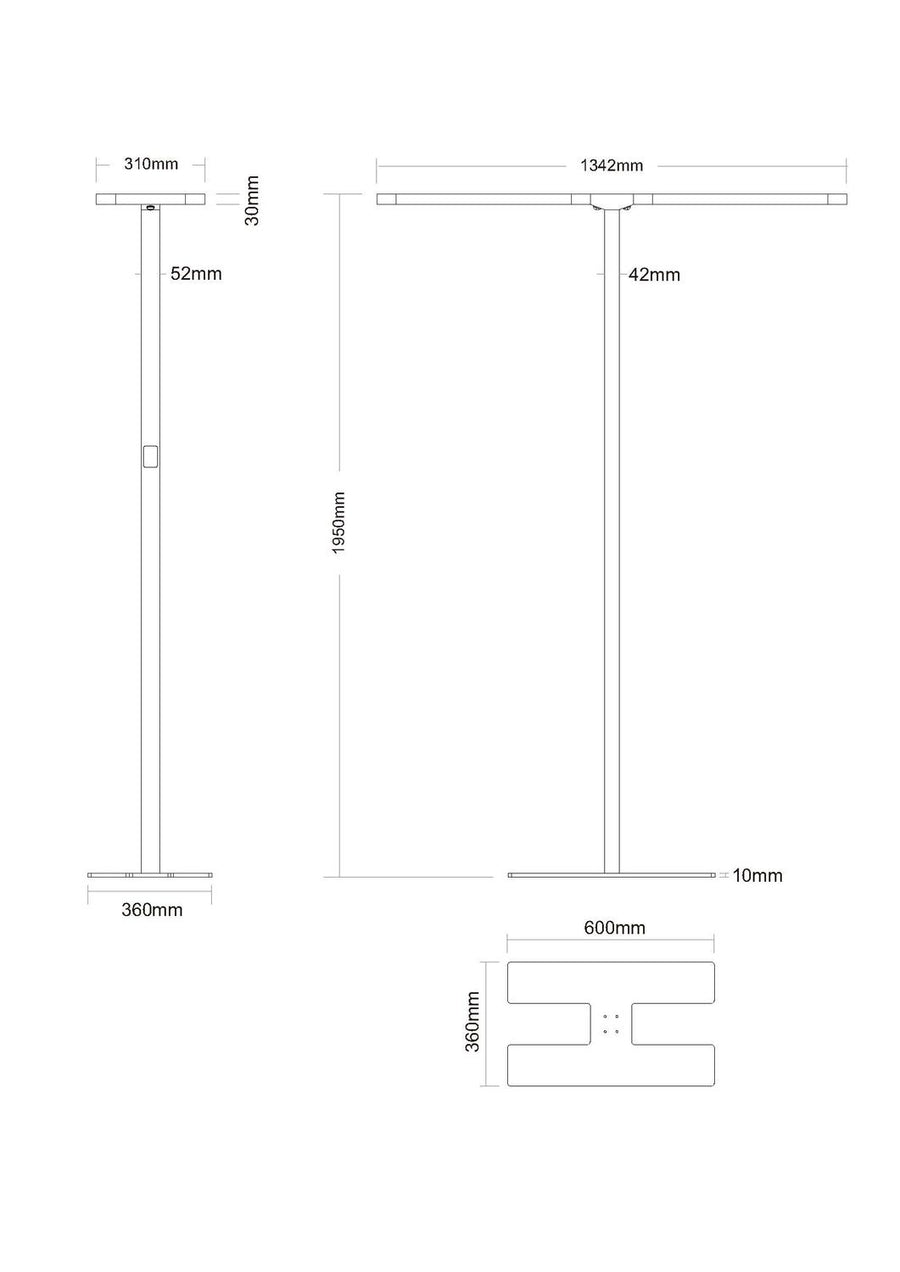 Schéma de dimensions du lampadaire avec vues de face, de profil et du socle