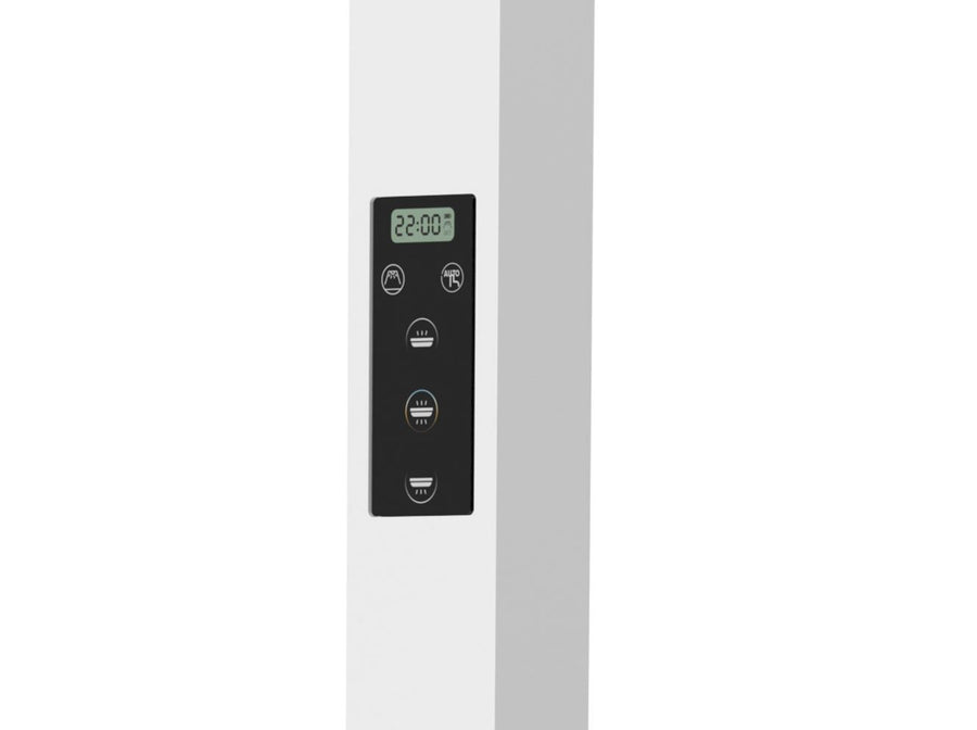 Détail du panneau de commande noir avec écran LCD et boutons tactiles sur la tige.