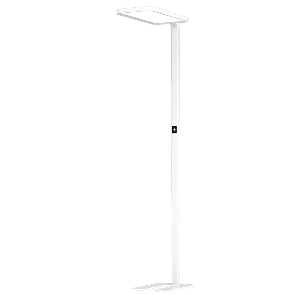 Lampadaire blanc de face, fût fin et tête plate rectangulaire sur pied en croix