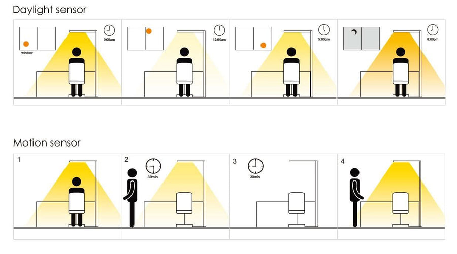 Schémas explicatifs des capteurs de lumière naturelle et de mouvement