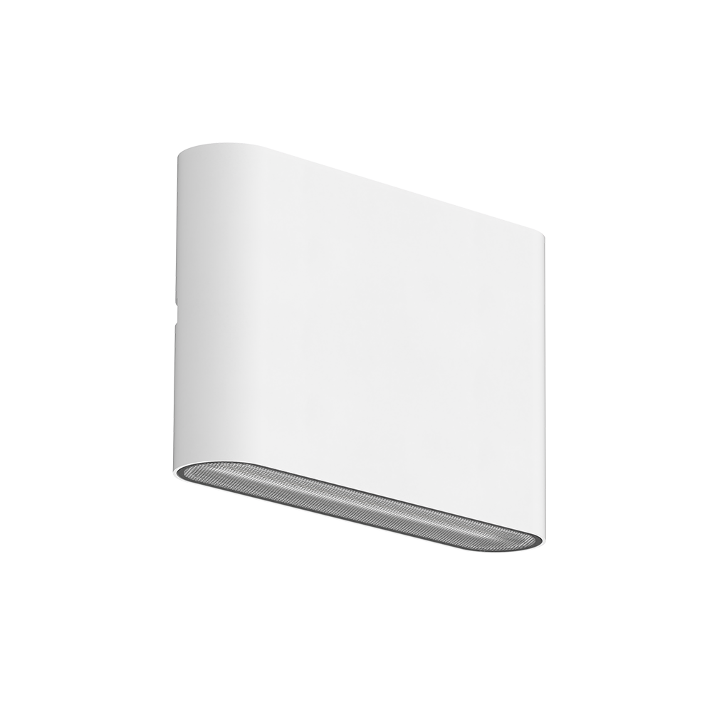 Vue de trois quarts du luminaire blanc, capot bombé et diffuseur strié