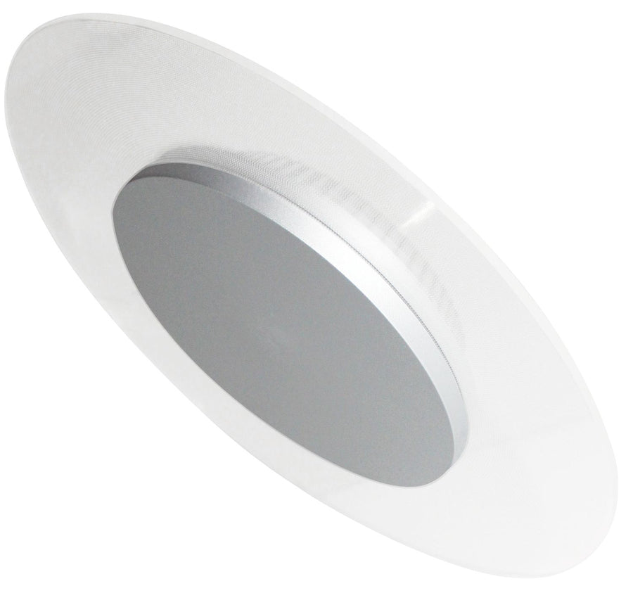 Vue en plongée du luminaire rond, anneau blanc translucide et disque central gris.
