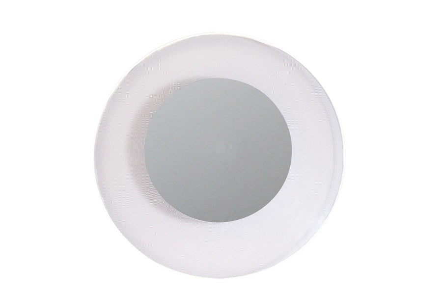 Vue de dessous du plafonnier rond, large anneau texturé et centre gris uni.