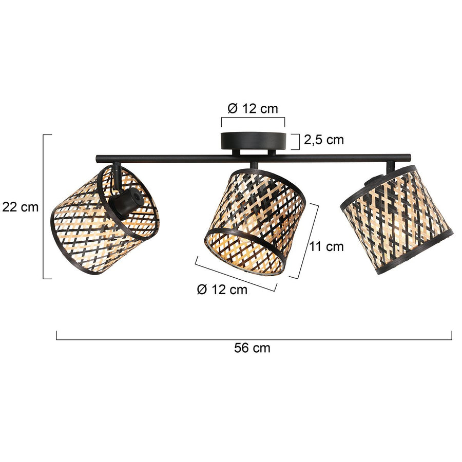 Spot Sumba noir, 3 lumières, abat-jour en bambou Ø12 cm