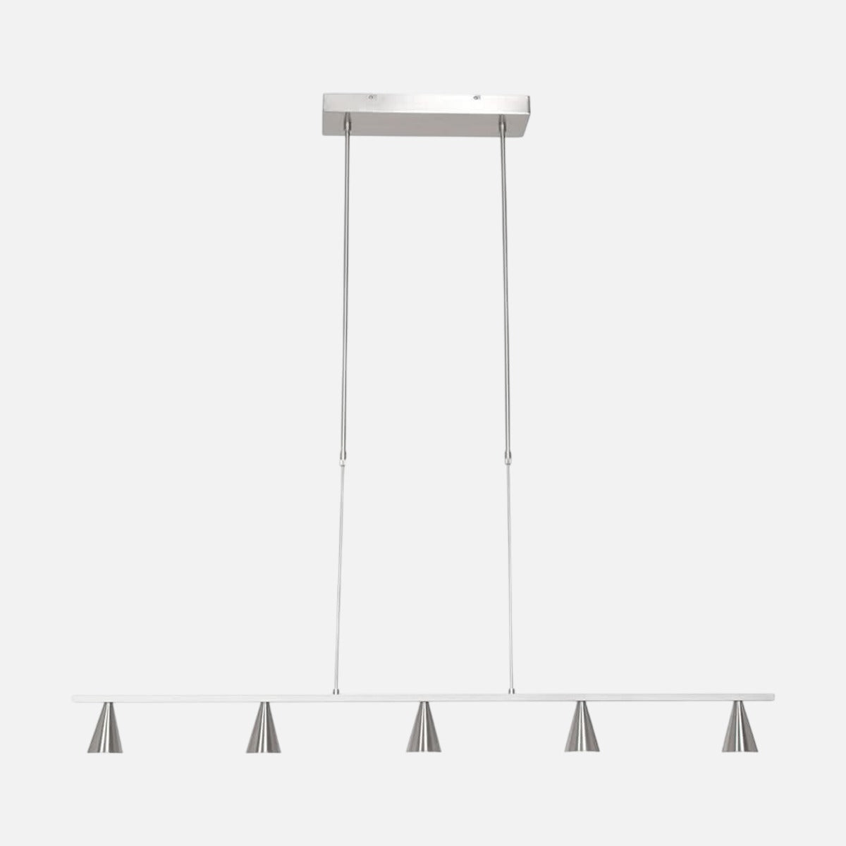 Lustre acier brossé Vortex 120 cm, 5 cônes LED dimmables pour salle à manger